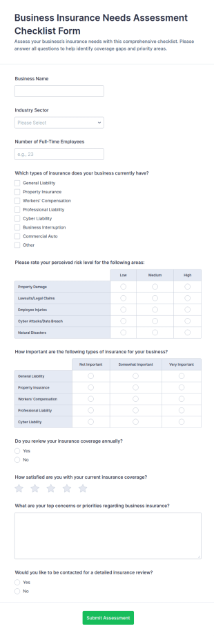 Business Insurance Needs Assessment Checklist Form Template