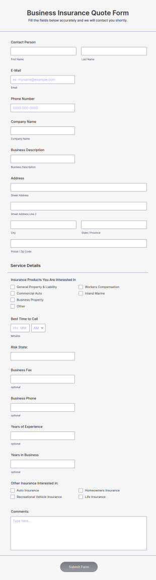 Business Insurance Quote Form Template