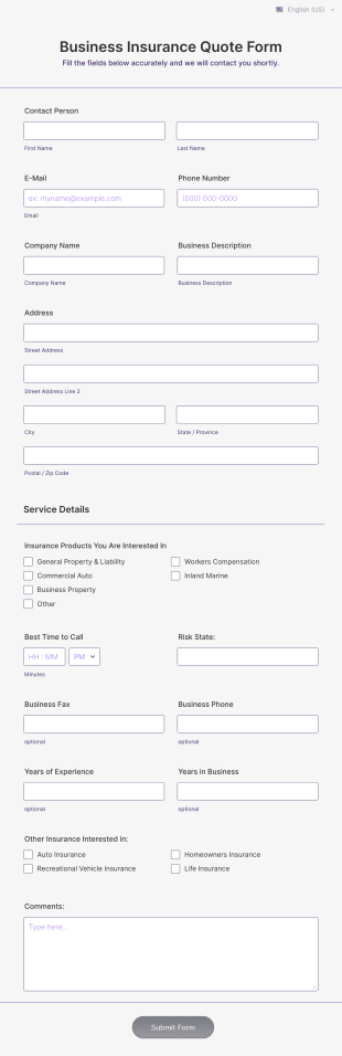 Business Insurance Quote Form Template