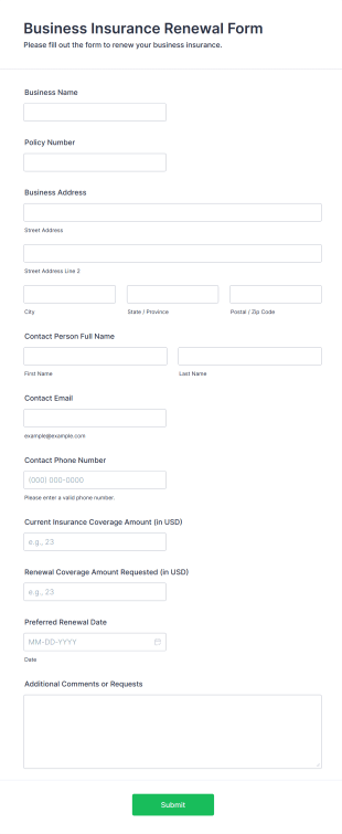Business Insurance Renewal Form Form Template