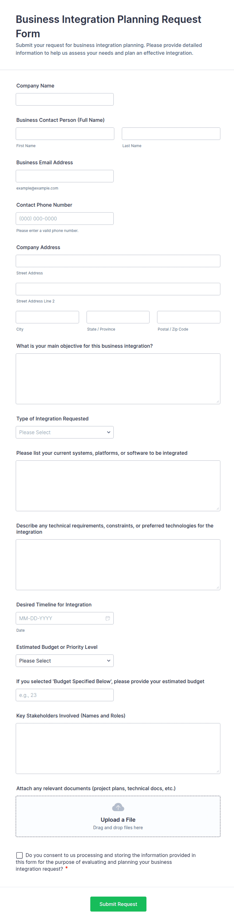 Intration Form Business Integration Planning Request Form Template | Jotform