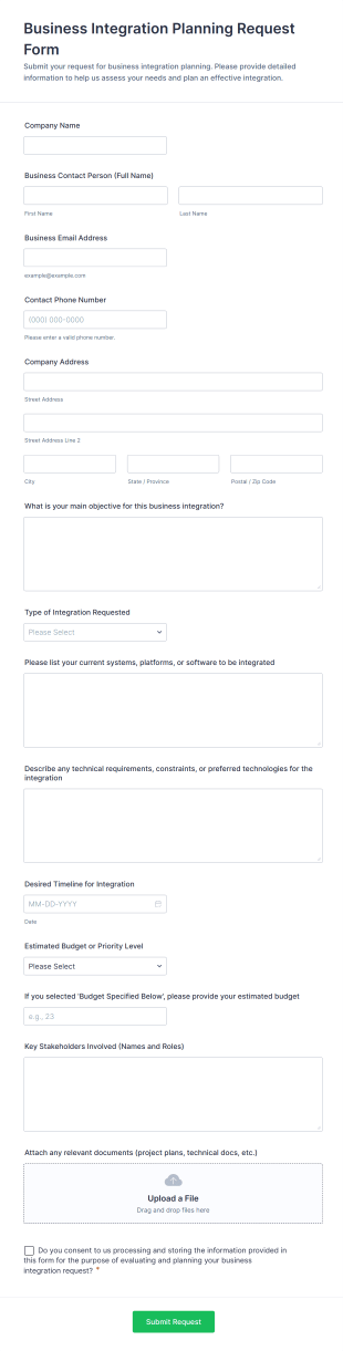 Business Integration Planning Request Form Form Template
