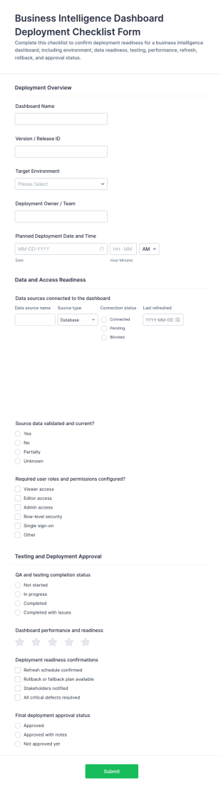 Business Intelligence Dashboard Deployment Checklist Form Template