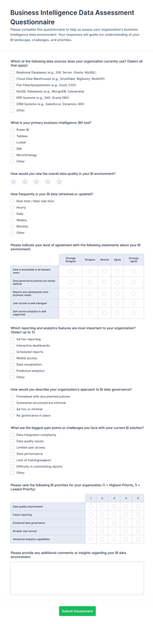 Business Intelligence Data Assessment Questionnaire Form Template