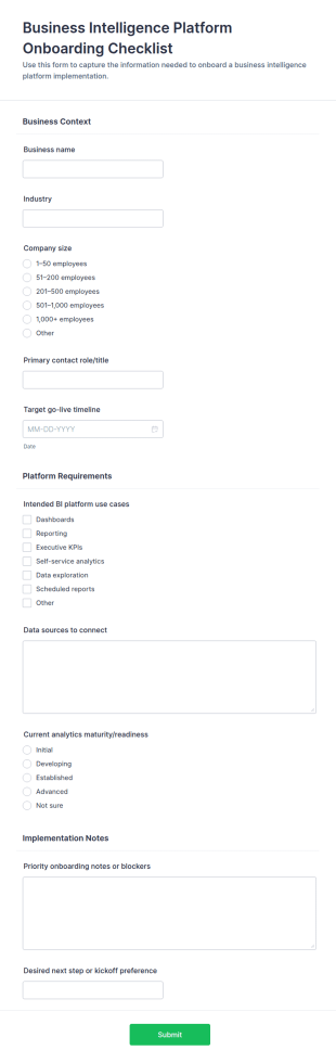 Business Intelligence Platform Onboarding Checklist Form Template