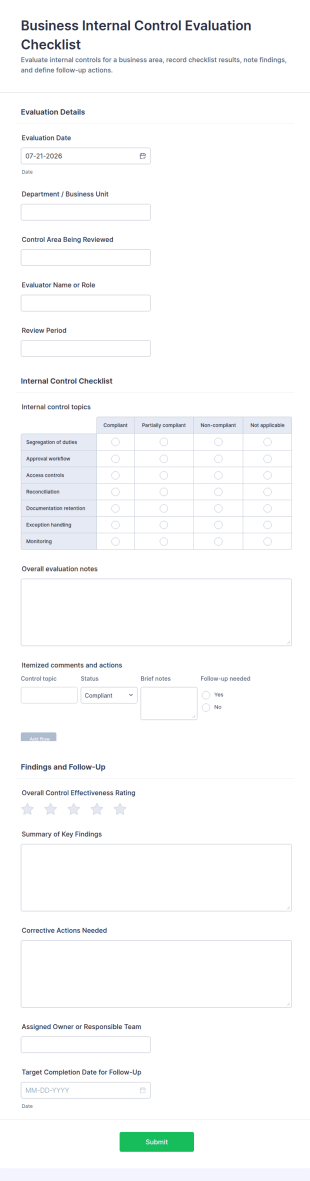 Business Internal Control Evaluation Checklist Form Template