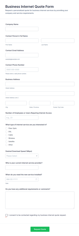 Business Internet Quote Form Template