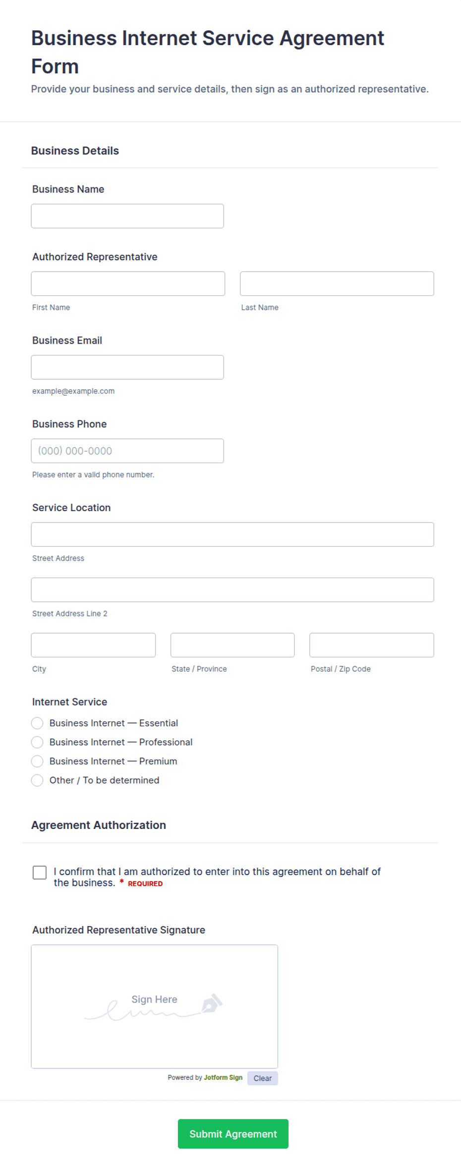 Business Internet Service Agreement Form Template | Jotform
