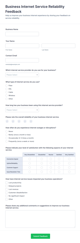 Business Internet Service Reliability Feedback Form Template
