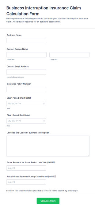 Business Interruption Insurance Claim Calculation Form Template