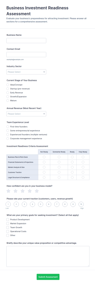 Business Investment Readiness Assessment Form Template