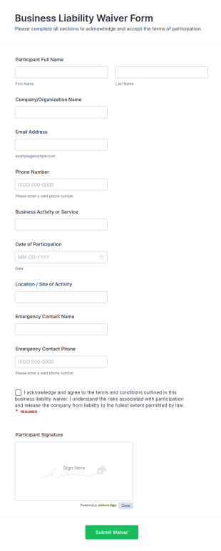 Business Liability Waiver Form Template