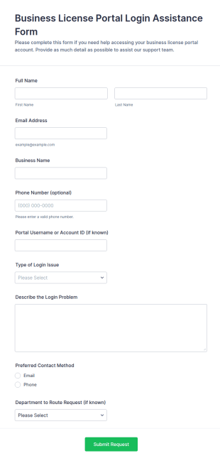 Business License Portal Login Assistance Form Template