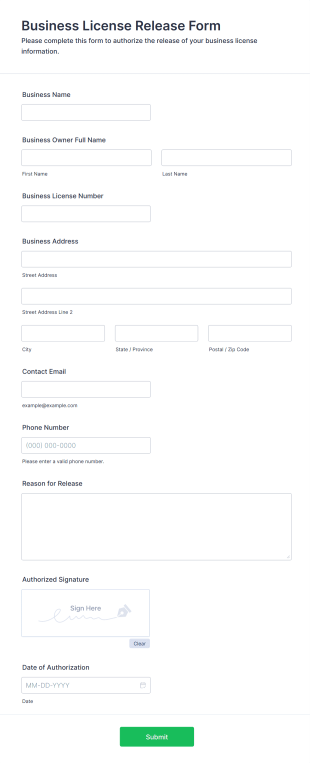 Business License Release Form Form Template