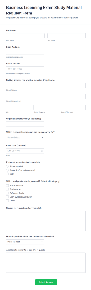 Business Licensing Exam Study Material Request Form Template