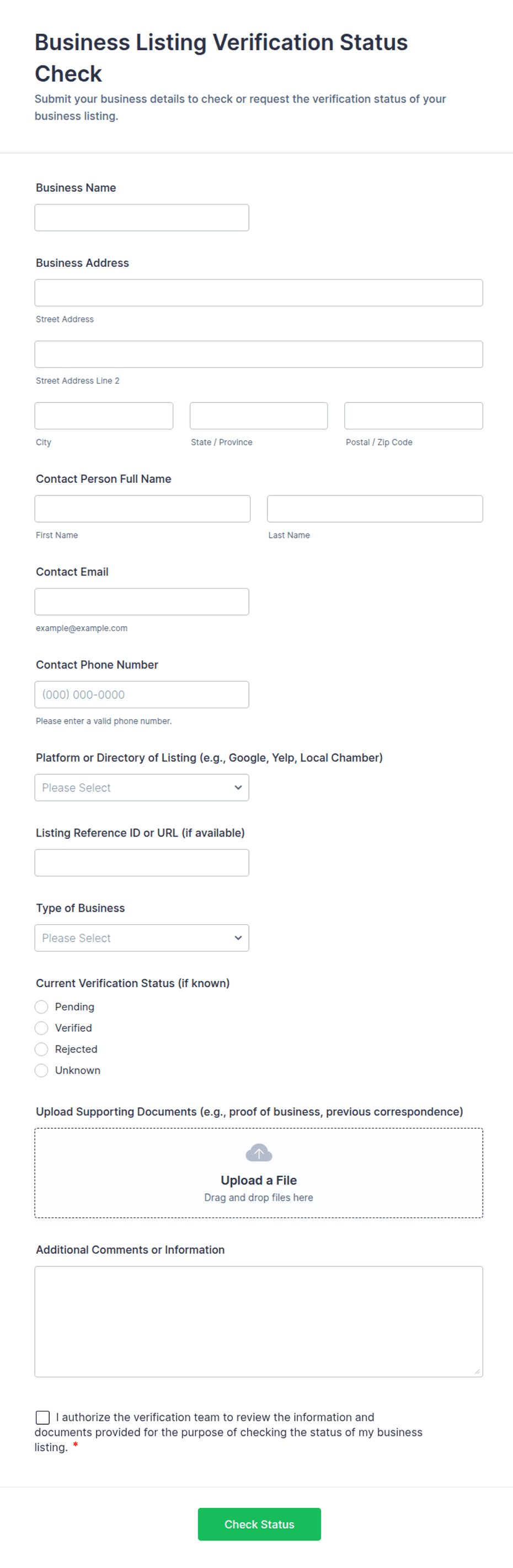 Business Listing Verification Status Check Form Template | Jotform