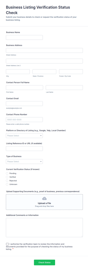 Business Listing Verification Status Check Form Template