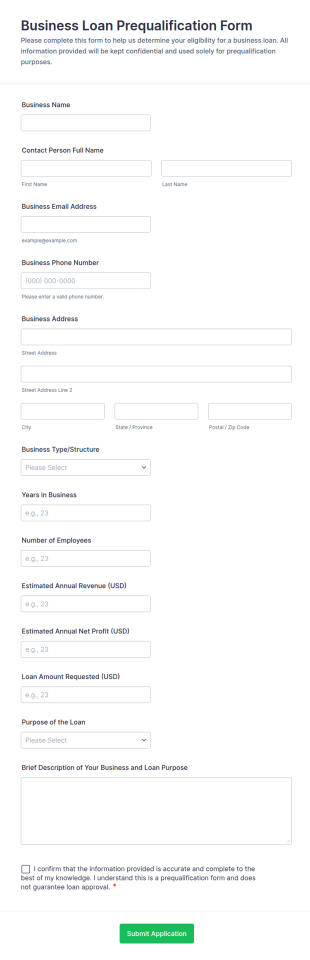 Business Loan Prequalification Form Template