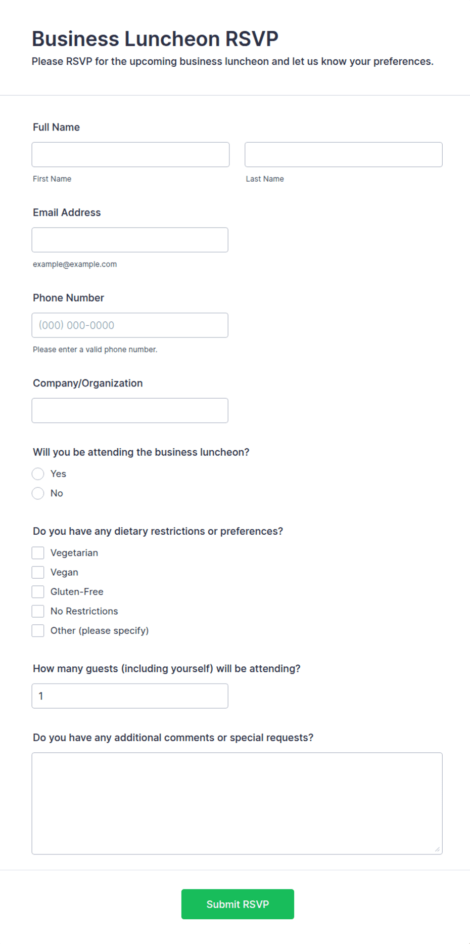 Business Luncheon RSVP Form Template | Jotform