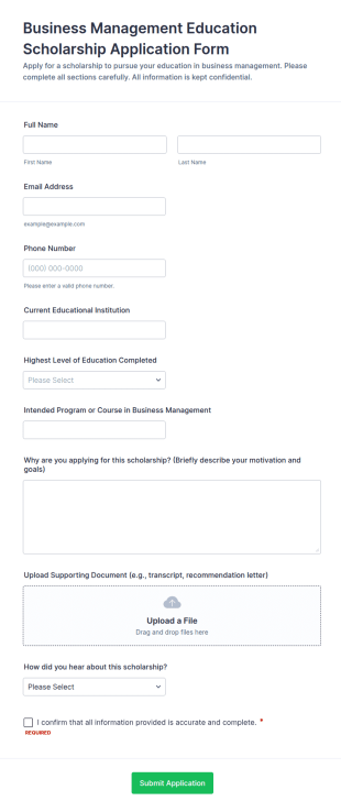 Business Management Education Scholarship Application Form Template