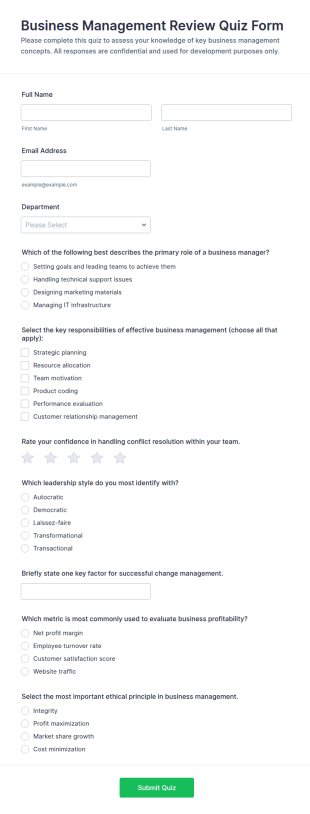 Business Management Review Quiz Form Template