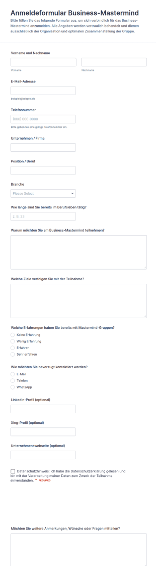 Business Mastermind Registrierung
