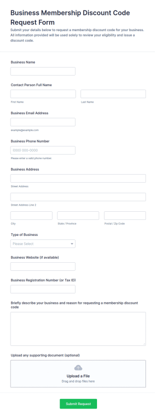 Business Membership Discount Code Request Form Template