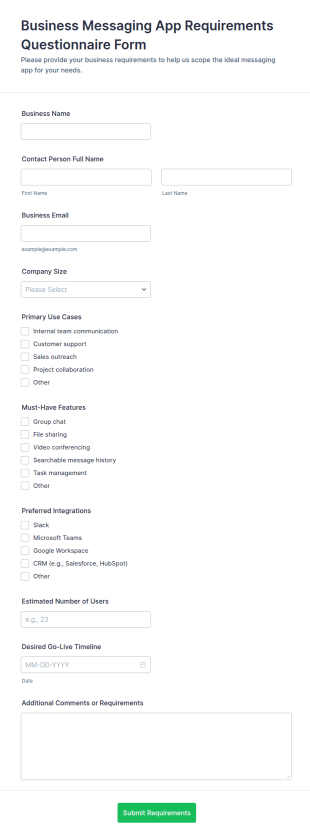 Business Messaging App Requirements Questionnaire Form Template