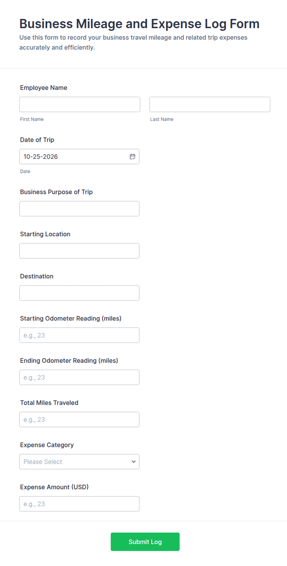 Job Expense Log Business Mileage and Expense Log Form Template | Jotform