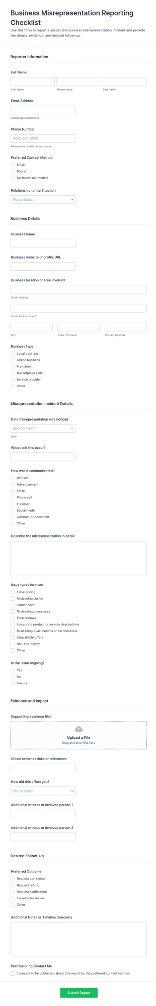 Business Misrepresentation Reporting Checklist Form Template