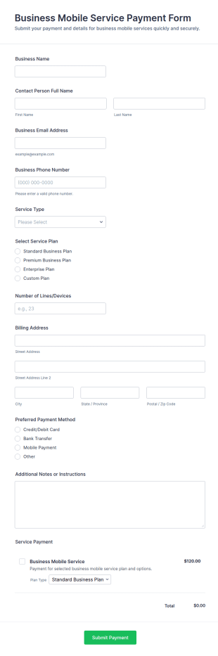 Business Mobile Service Payment Form Template