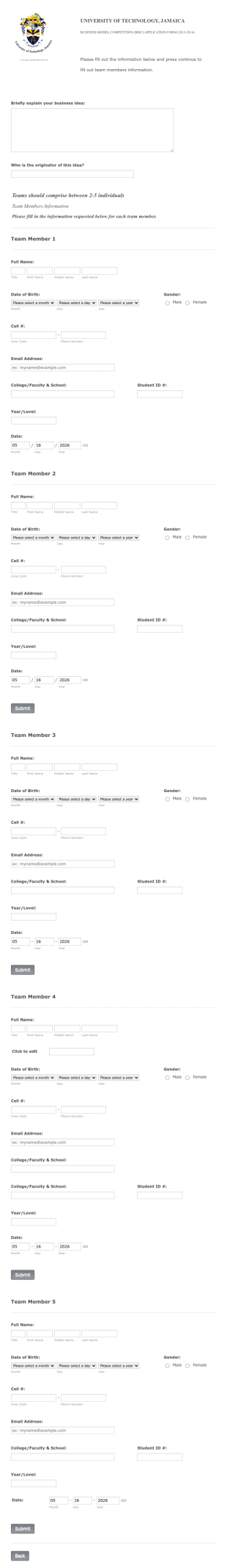 Business Model Competition Form Template
