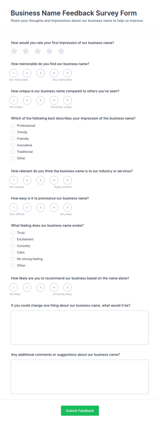 Business Name Feedback Survey Form Template