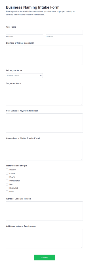 Business Naming Intake Form Template