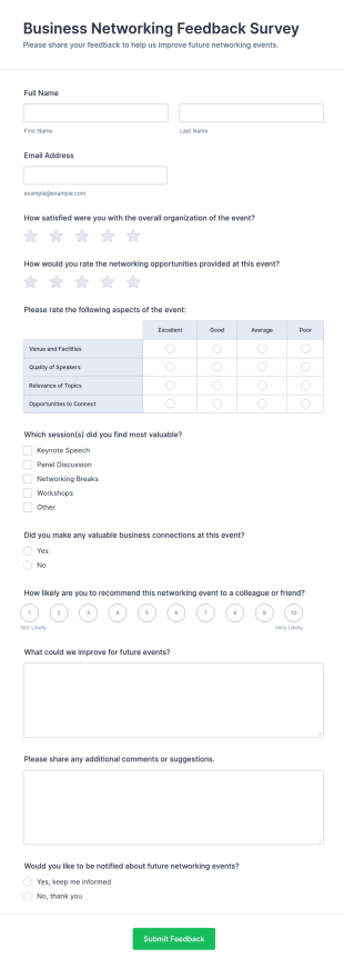 Business Networking Feedback Survey Form Template