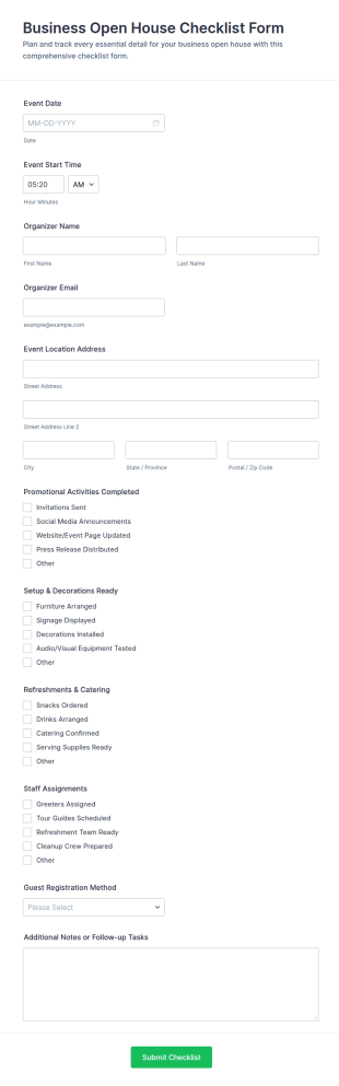 Business Open House Checklist Form Template