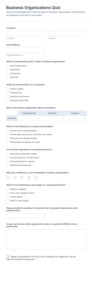 Business Organizations Quiz Form Template