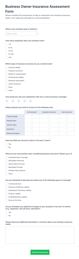 Business Owner Insurance Assessment Form Template