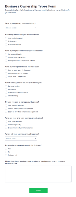 Business Ownership Types Quiz Form Template