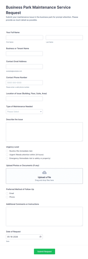 Business Park Maintenance Service Request Form Template