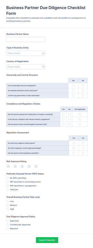 Business Partner Due Diligence Checklist Form Template