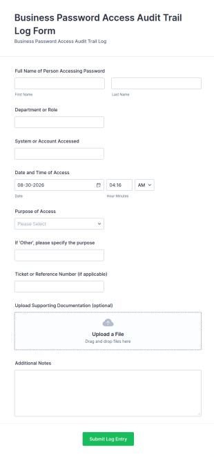 Business Password Access Audit Trail Log Form Template
