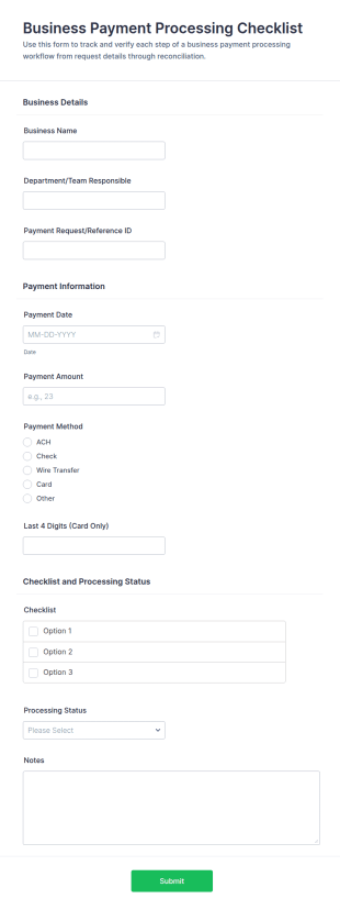 Business Payment Processing Checklist Form Template