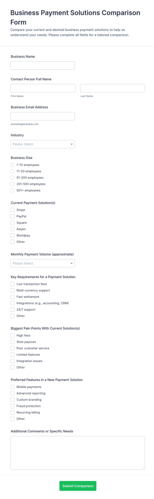 Business Payment Solutions Comparison Form Template