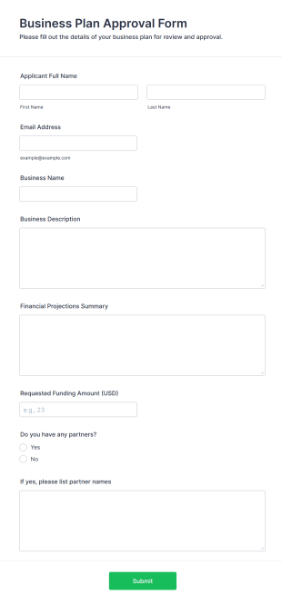 Business Plan Approval Form Form Template