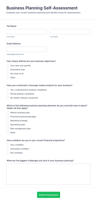 Business Planning Self Assessment Form Template