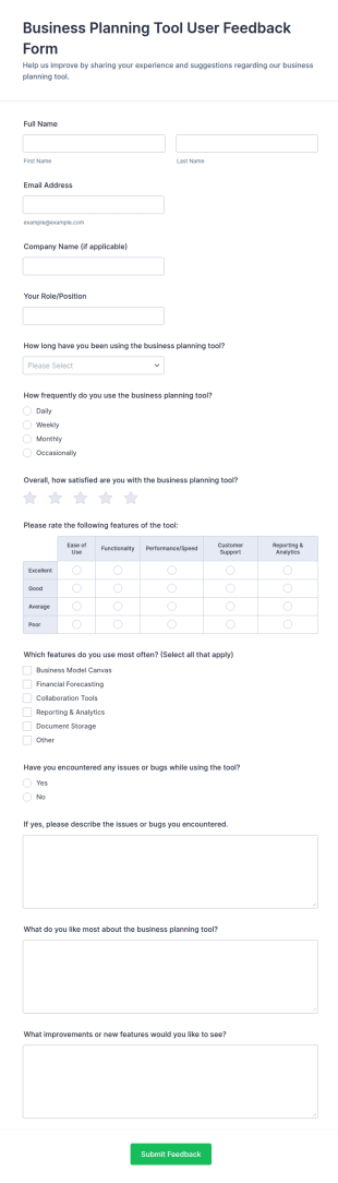 Business Planning Tool User Feedback Form Template