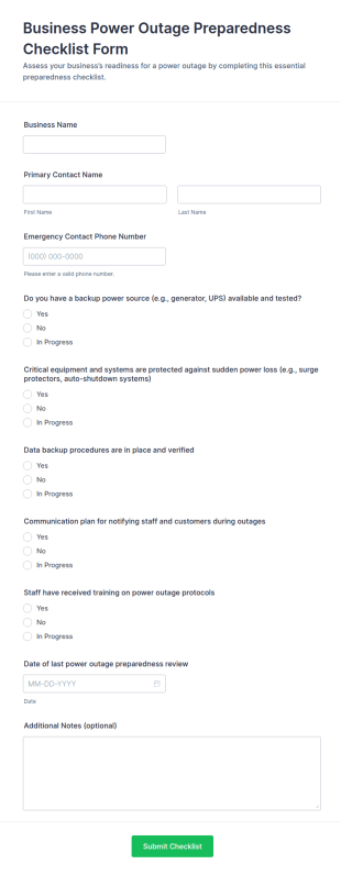 Business Power Outage Preparedness Checklist Form Template