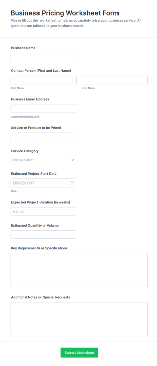 Business Pricing Worksheet Form Template