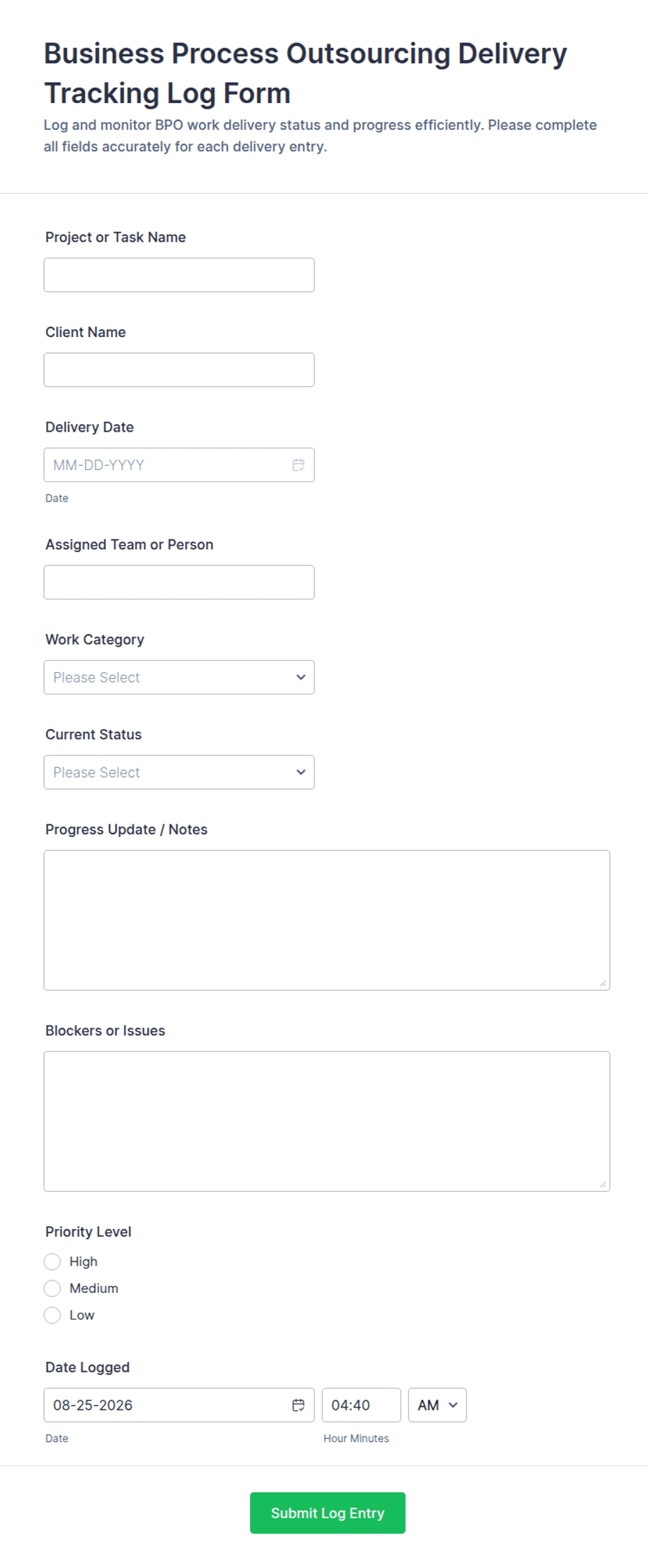 Business Process Outsourcing Delivery Tracking Log Form Template | Jotform